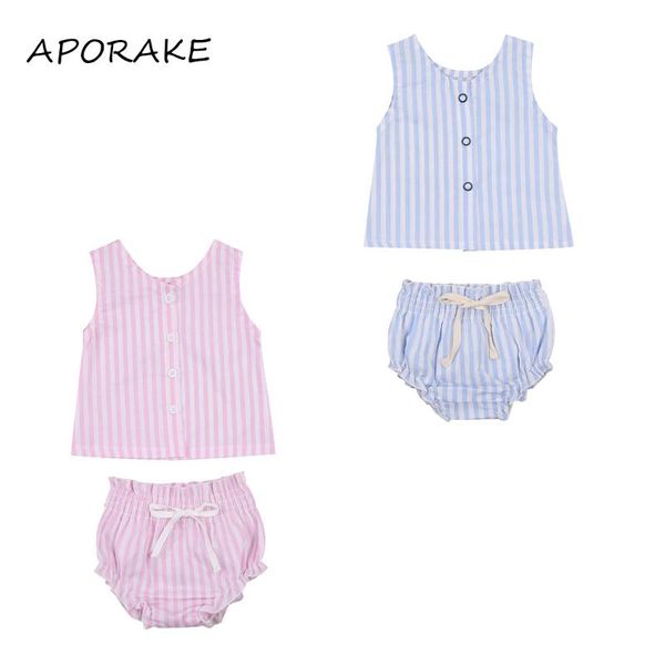 

clothing sets 2021 3-24m kid girl summer sweet strip printed sleeveless buttons vest crop bowknot ruffle loose pants 2pcs set, White