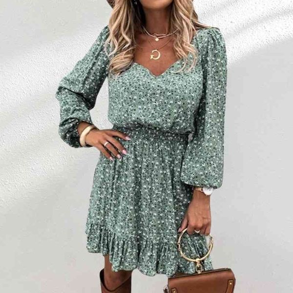 

casual dresses autumn long sleeve square collar floral women winter ruffle a line print slim female boho mini party vestidos zlx0, Black;gray