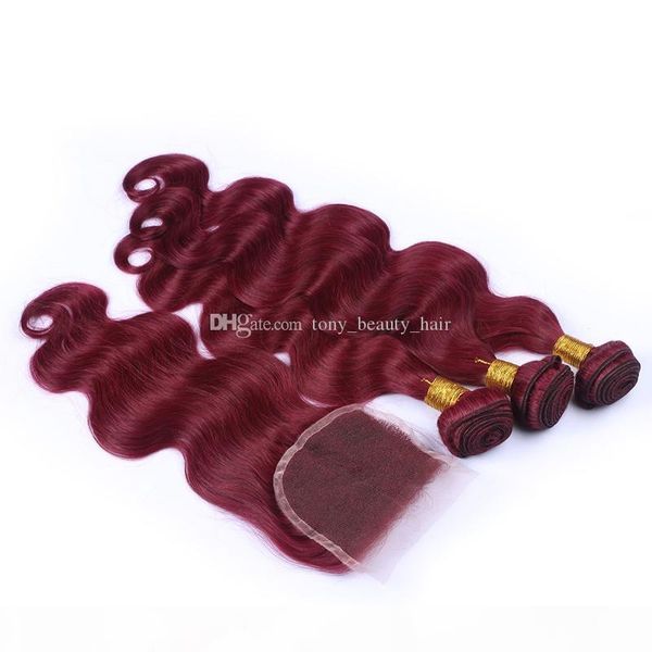 

9a peruvian burgundy with lace closure 4x4'' body wave #99j wine red human hair bundles with middle 3 way part closures, Black