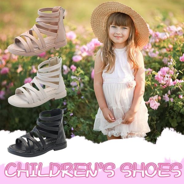 

sandals toddler baby kids girls open-toed solid soft-soled non-slip cross-tied roman princess beach shoes 2021 summer 18m-9y, Black;red