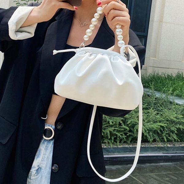 

evening bags women crossbody pearl portable shoulder bag white fold small pu leather drawstring handbag handle shopper