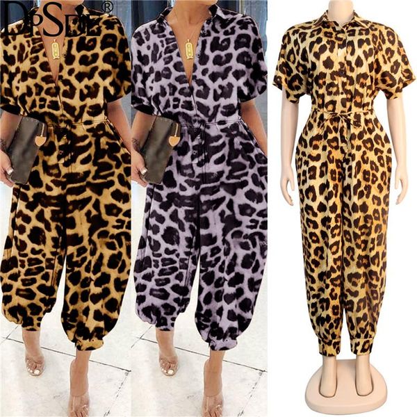 

gym clothing 2021 fashion women street casuual style jumpsuits half sleeve lapel single-breasted leoaprd grain long pants, White;black