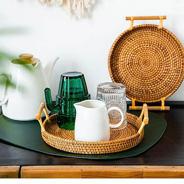

hand-woven rattan storage tray round basket handle wicker drink snack basket bread fruit storage platters plate organizer
