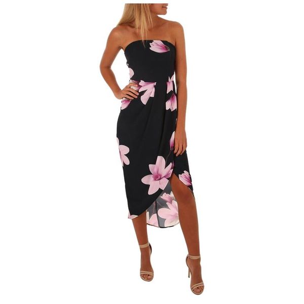 

casual dresses ostrich for women elegant floral print strapless boho dress maxi sundress plus size girl ins, Black;gray