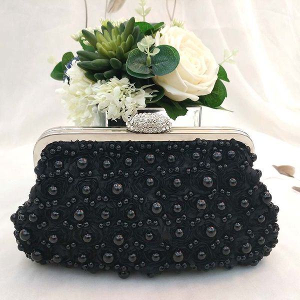 

women pearl bag diamond banquet bag clutch bag bride bridesmaid dress female shoulder diagonal small chain, Black;red