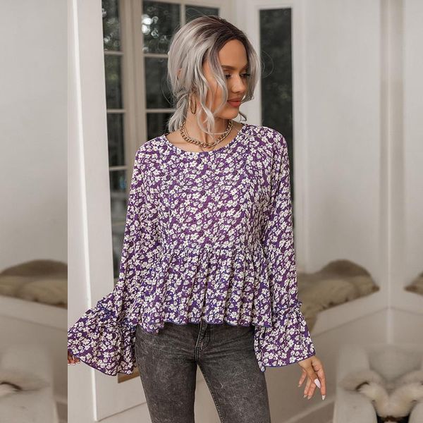 

women's blouses & shirts spring summer print blouse women flare sleeve v neck ruffles bottoming shirt for casual 2021, White