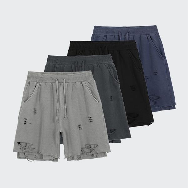 

men's shorts hole drawstring solid washed retro summer men and women oversize casual hip hop knee lenght pants, White;black