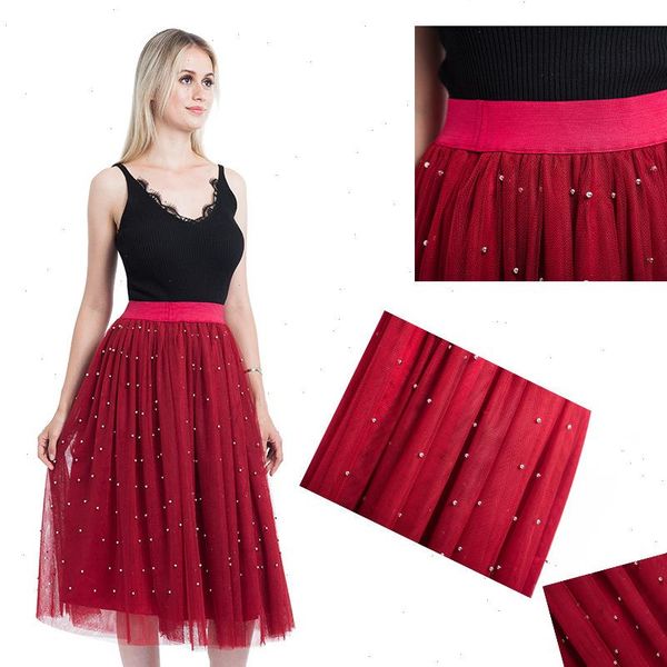 

beading tulle skirt mesh tulle skirt female silver pearl tutu elastic waist vintage pleated skirts for womens gift, Black
