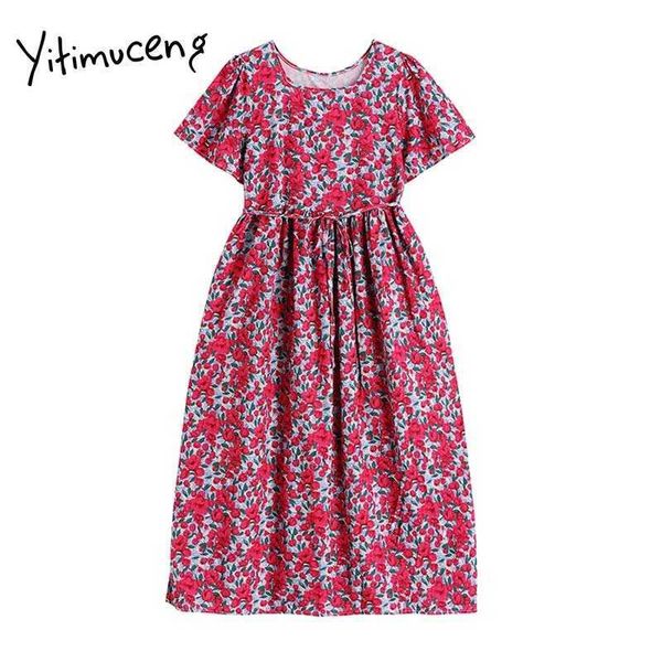 Yitimuceng Boho Floral Print Kleider Frauen Sommer Bogen Spitze Up Hohe Taille Kurzarm A-Line Koreanische Mode Midi Kleid 210601