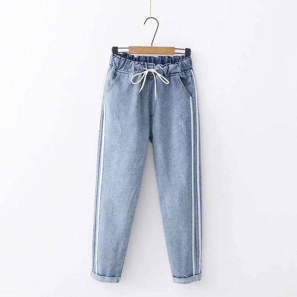 

college wash old side strip elastic waist drawstring thin denim pants, Blue