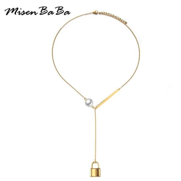 

pendant necklaces stainless steel imitation pearl y shape padlock necklace for women lock long jewelry, Silver