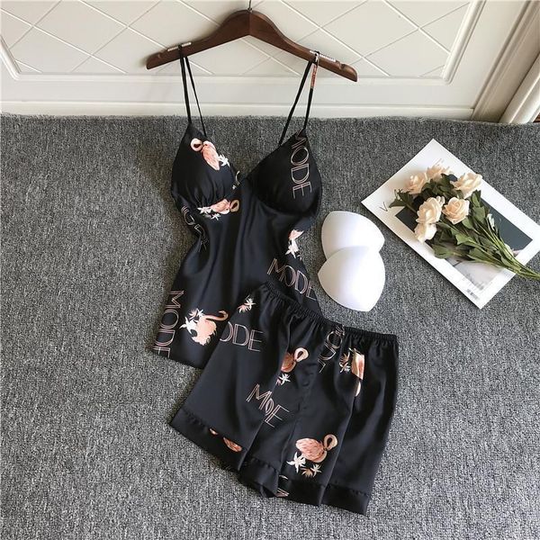 

flamingo pajamas satin pijama mujer lounge wear nightie sleepwear pyjamas set women nightwear dropshipping, Black;red