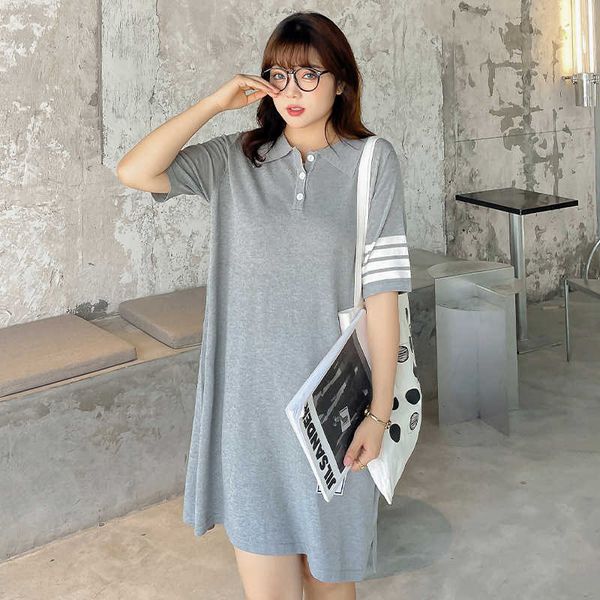 

women's polo large collar contrast stripe skirt 2021 summer fat sister loose knit dress 20057, Black;gray