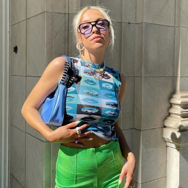 

women's tanks & camis vintage print mesh 2021 summer blue sleeveless streetwear y2k fashion ins off shoulder casual tank women, White