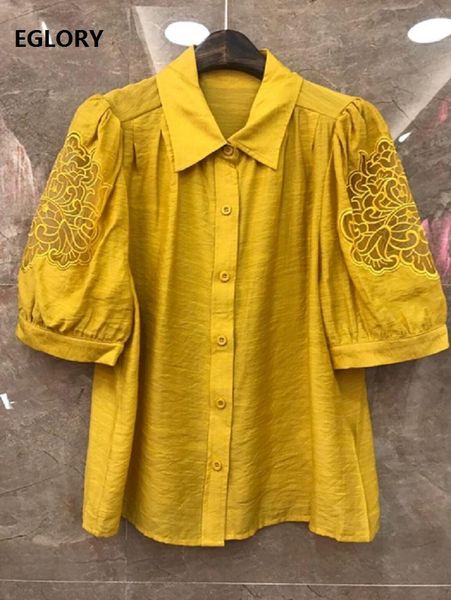 

women's blouses & shirts fashion blouse 2021 summer style women turn-down collar tulle mesh embroidery deco short sleeve basic shi, White