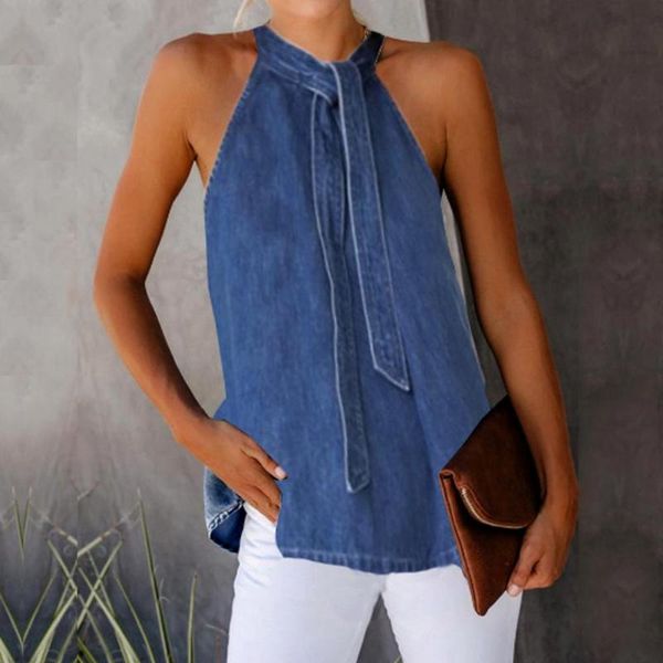 

women's blouses & shirts blouse fashion women solid color vest sleeveless back button neck bandage halter top, White