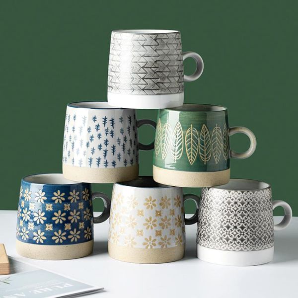 

mugs 320ml / 400ml japanese ceramic coffee cup with handle retro pastoral water embossed mug creative milk drinkware