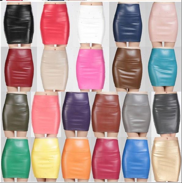 

2021 new woman skirt pu leather high waist bag hip skirt fashion candy color leather skirt female, Black
