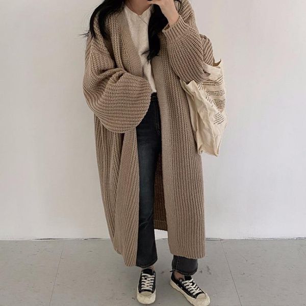 

women's knits & tees 2021 spring autumn womens korean fashion casual v-neck lantern sleeve open stitch loose long knitted sweater cardi, White