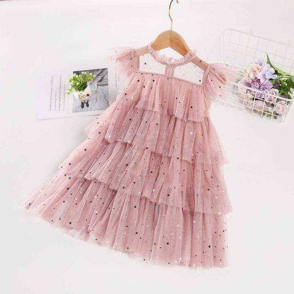 Spring Sparkle Girls Dress for Toddler Birthday Party Gown Flying Sleeve Tiered Tutu Abbigliamento Outfit Ins Fashion 210529