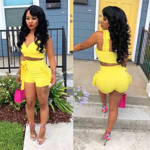 

two piece dress 2pcs women pool club party boho sets summer solid strapless vest + ruffles sxhort, White