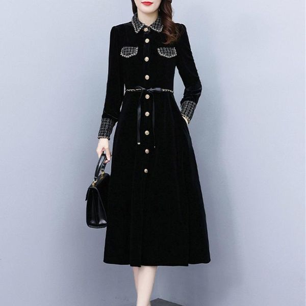 

casual dresses designer runway dress autumn winter velvet women long sleeve elegant vintage korean clothes, Black;gray