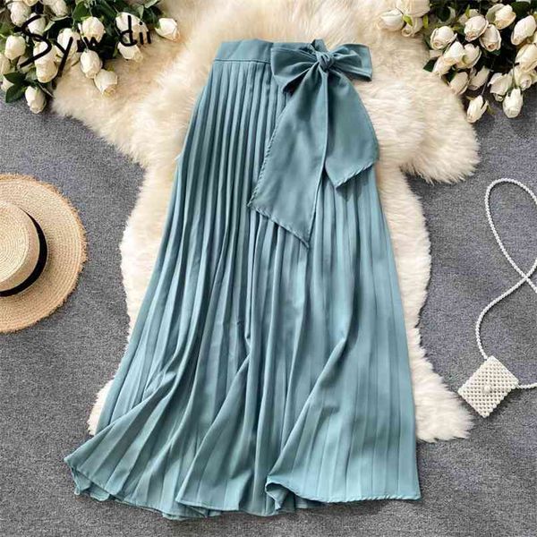 

long skirts for women bow lace up a-line summer fall korean fashion elegant midi skirt black yellow green pink 210607