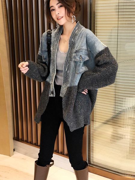 

women's jackets women 's jacket spring and autumn korean style youth patchwork denim street knitted cardigan, Black;brown