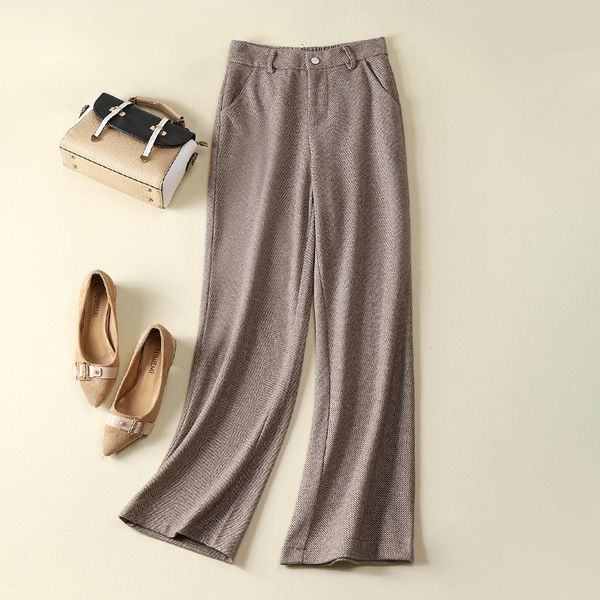 

2021 new spring women high-waisted woolen long female outwear pure stright pants hujp, Black;white