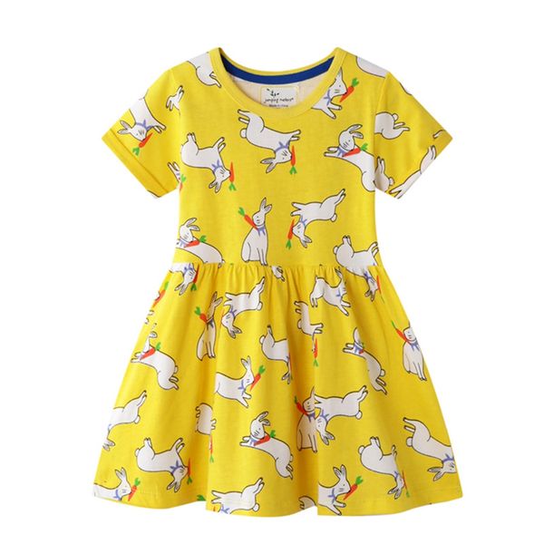 

2-7 years toddler girls cotton dress printed with horse and rabbits girl baby kids summer outfit sundress mustard yellow, Red;yellow