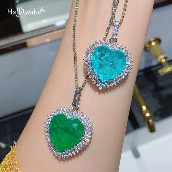 

emerald paraiba heart-shaped gem 20*20 large pendant necklace woman girl geometric gemstone retro fashion gift party q0531, Silver