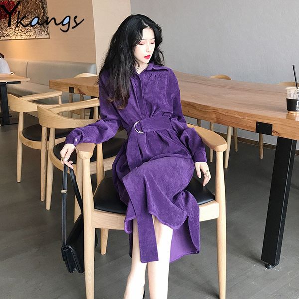 

2021 vintage corduroy sleeve women autumn solid buttons turn-down collar all-match vestidos elegant sashes long vkg0, Black;gray