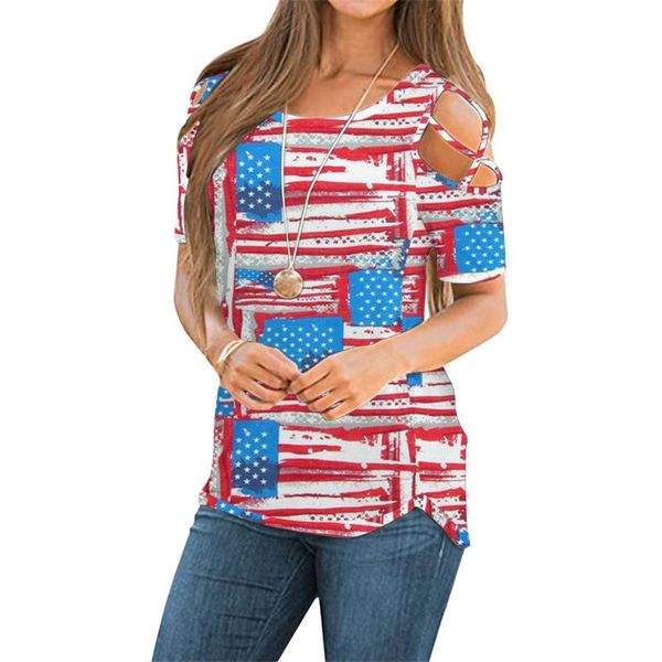 

women's t-shirt summer plus size tshirt women independence day t shirt strappy cold shoulder short sleeve harajuku o neck tunic, White