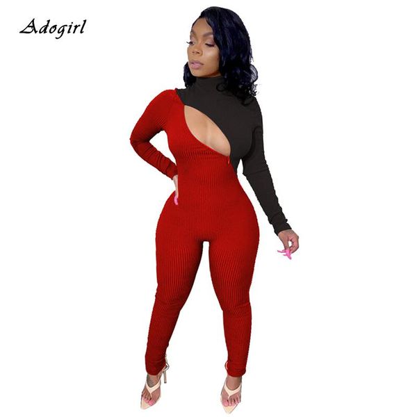 

women's jumpsuits & rompers zipper knit ribbed jumpsuit women hollow out long sleeve patchwork bodycon romper winter sweater night club, Black;white
