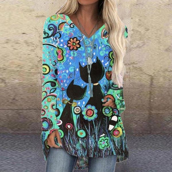 

2021 new halloween women's t shirt animal black cat printed tee long sleeve v neck women shirts harajuku pullover woman tshirts d1wb, White