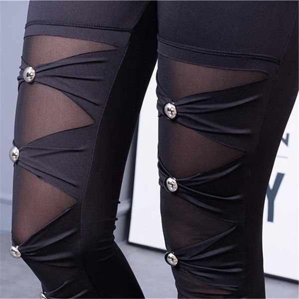 

women's leggings 2021 women high street fashion mesh lady fitness elastic silver jewelry pencil pants punk rock striped bow pant, Black