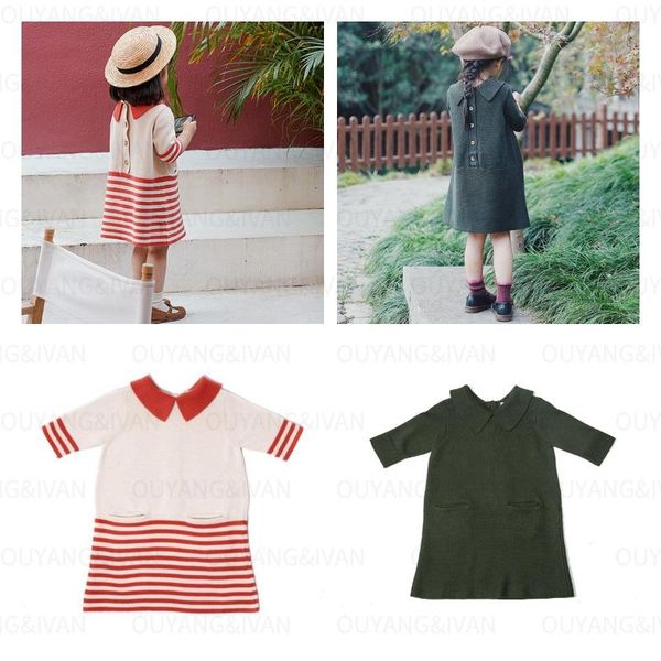 

girl's dresses 2021 autumn and winter lapel knitted dress girls middle-sleeve pocket pastoral cute style, Red;yellow