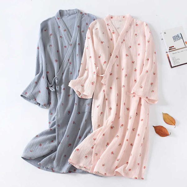 Roupas de quimono japonesa para mulheres 100% algodão gaze banho verão fino sleepwear manga longa camisola plus size vestido 210924