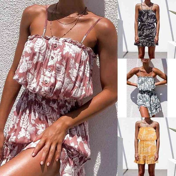 

boho summer sundress women loose floral spaghetti strap dress sleeveless backless mini beach dresses bohemian vestid 210603, Black;gray