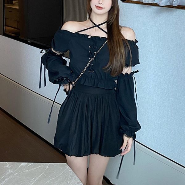 

casual dresses jmprs women dress lace up black autumn 2021 high waist femme mini off shoulder detachable long sleeve gothic vestidos, Black;gray
