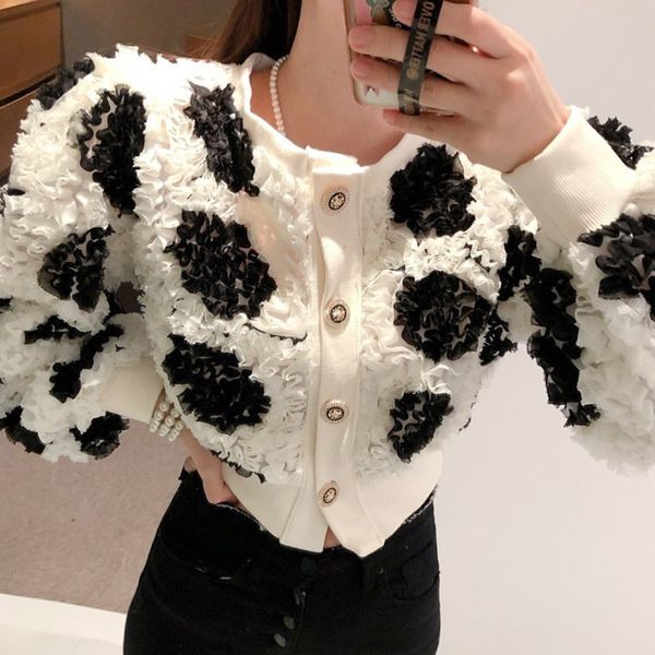 

2021 spring female round neck single breasted puff sleeve panelled print floral high waist jacket cardigan coat 16w366, Black;brown