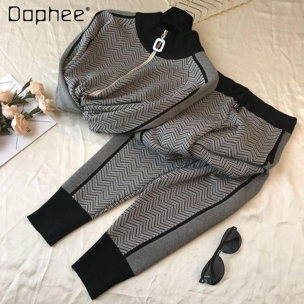 

fall 2021 new european fashion zipper cardigan jacket casual pants knit sports two piece set outfits women sweater suit, White