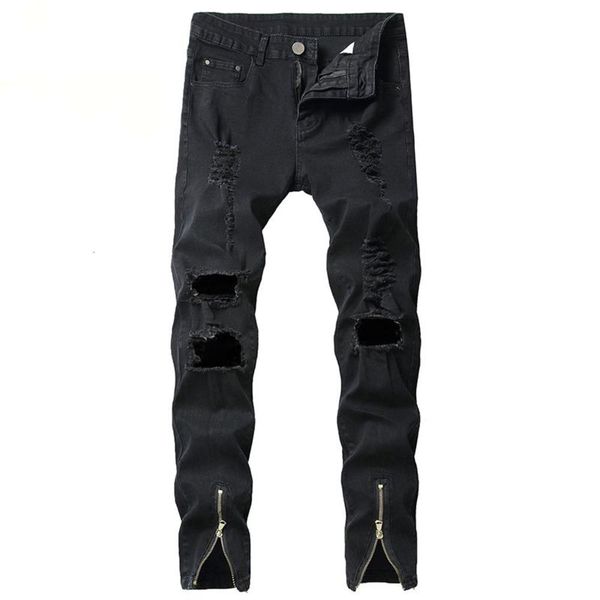

men ripped slim fit ankle zipper jeans stretch feet denim pants male fashion solid color jeans, Blue