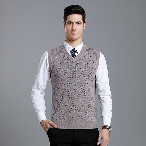 

men's vests winter argyle slim fit sleeveless 100% cashmere wool knitting pullover casual vest v-neck sweater, Black;white