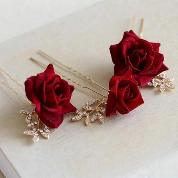 

hair clips & barrettes rose flower u shaped fork gold leaf pin bride wedding accessories, Golden;silver