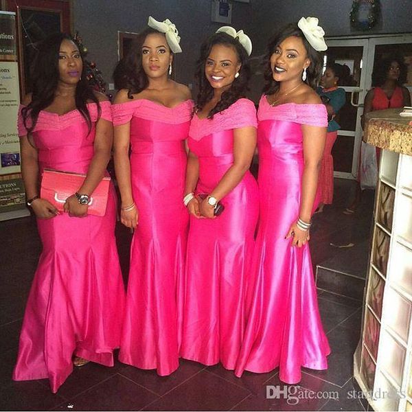 

fuchsia bridesmaid dresses 2022 off the shoulder neckline mermaid ruched floor length custom made satin plus size maid of honor gown vestido, White;pink
