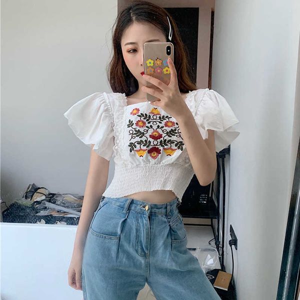 

women's knits & tees vintage flower embroidery square neck butterfly sleeve crop ladies lace patchwork backless ruffle blouse, White