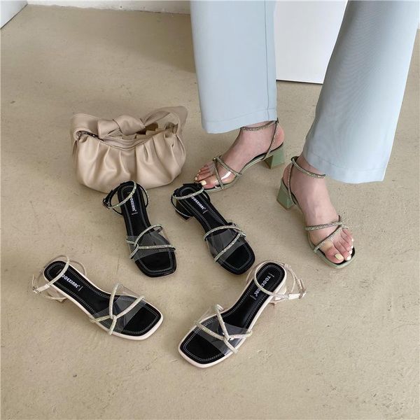 

female sandal 2021 summer sale of women's shoes block heels all-match girls new plastic chunky elastic band rhinestone beige fas, Black
