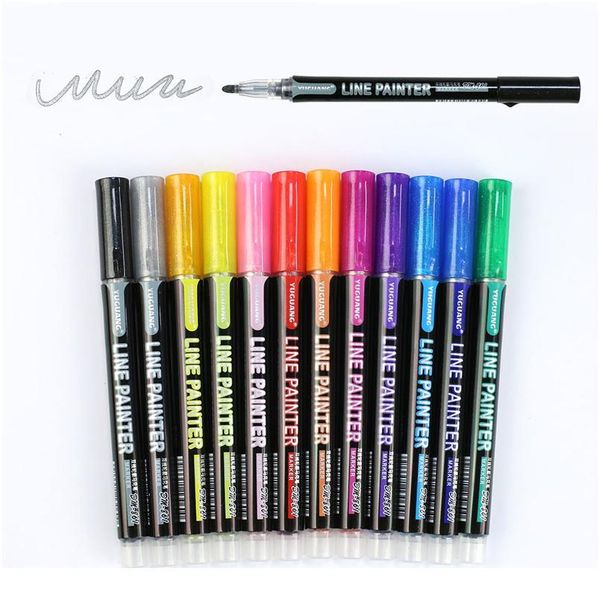 

12 colors/set double line pen metallic glitter color outline art marker pen diy album marking pens for painting school jllvza