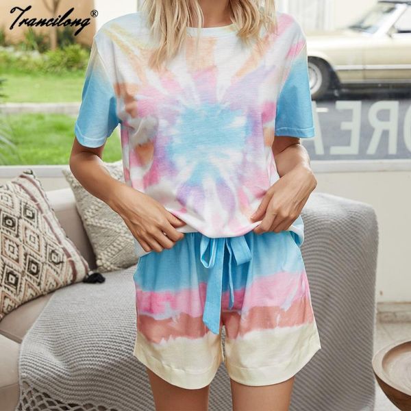 

women's tracksuits 2021 tie dye pajamas printed femme outfits summer lounge home wear 2 piece suits multicolor shorts set women plus si, Gray